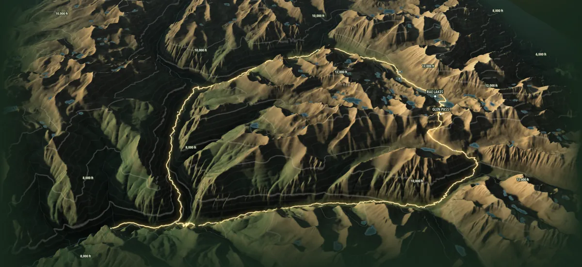 Three-dimensional relief of the Rae Lakes Loop round the loop from Roads End Trailhead, the trail in gold over the terrain, lakes and contours, with Rae Lakes and Glen Pass named